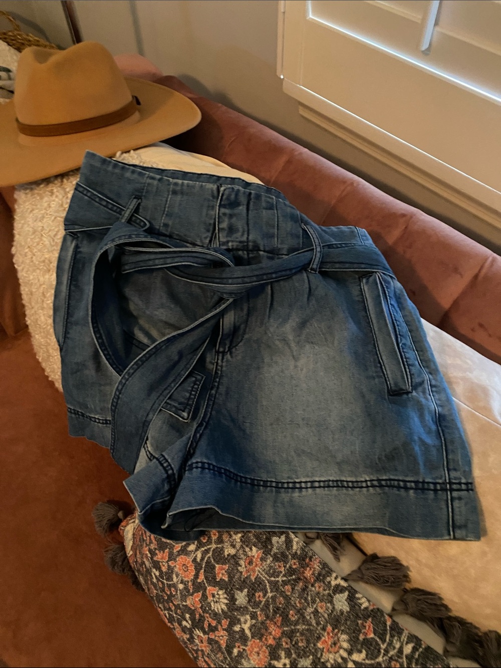 High-Rise Paperbag Denim Shorts with Self-Tie Belt - Blue